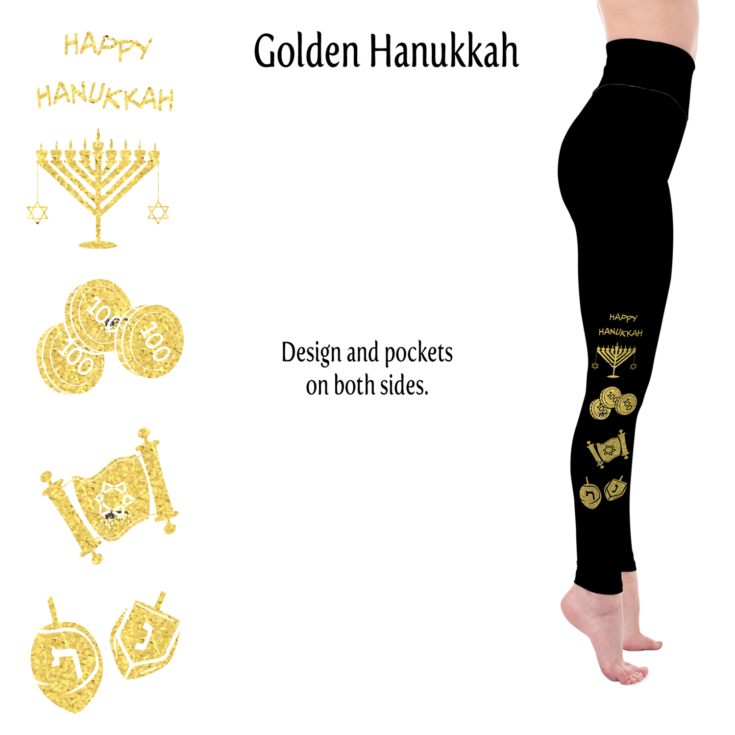 Golden Hanukkah Handmade Leggings with Pockets MM